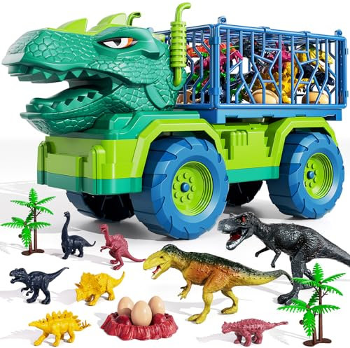 TEMI Dinosaur Truck Toy for Kids 3-5 Years Old, Tyrannosaurus Transport Car Carrier Truck with 8 Dino Figures, Activity Play Mat, Dinosaur Eggs and Trees, Escape Set for Boys and Girls