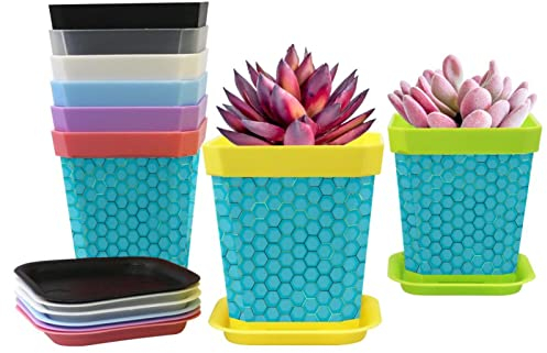 8er-Pack Kunststoff Pflanzensetzlinge Kinderzimmer Topf Friseur Werkzeuge Hexagon Geometrische Textur Blau Muster Blumentopf mit Tablett 8 Farben