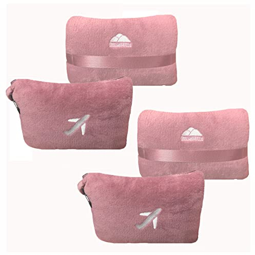 BlueHills 2 Stück Reisedecke Kissen in Mini Soft Case Premium Plüsch Flugzeug Decke Weiche Tasche Kompakt Pack mit Gepäckgürtel und Rucksackclip - Rosa M22