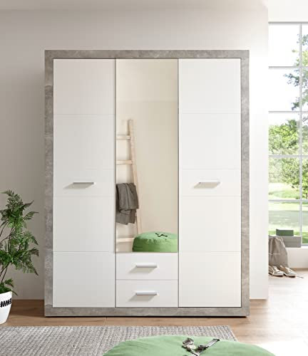 Tonino - armadio elegante molto spazioso con specchio, multiuso e moderno con ante battenti in grigio cemento e bianco. Dimensioni LxAxP ca. 151x198x55 cm