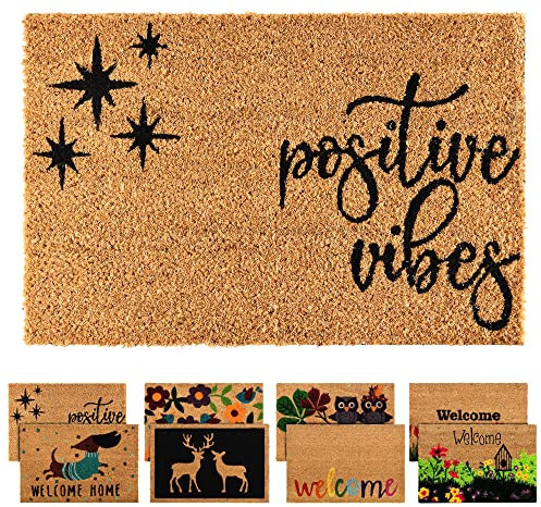 ZENQA Coir Door Mats Outdoor Indoor | Front Door Heavy Duty Doormat Thick Non Slip High Absorbency | Large 100% Natural Coir Dirt Trapper | Entrance Matting (Positive Vibes Only)