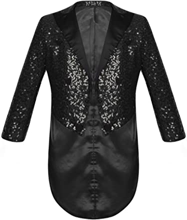Freebily Kinder Jungen Frack Glitzer Pailletten Smoking Anzug Jacke Mantel Gentelman Jackett Tailcoat Karneval Party Show Outfits Schwarz 134-140/9-10 Jahre