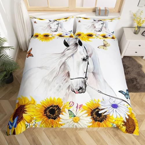 Bettbezug 140 x 200 cm, Pferd, weiß, Sonnenblume, Gelb, Bettwäsche, Jungen, Mädchen, Damen, Wildtiere, Bettwäsche, Schmetterlinge, bunt, Western Farmhouse Bettbezug