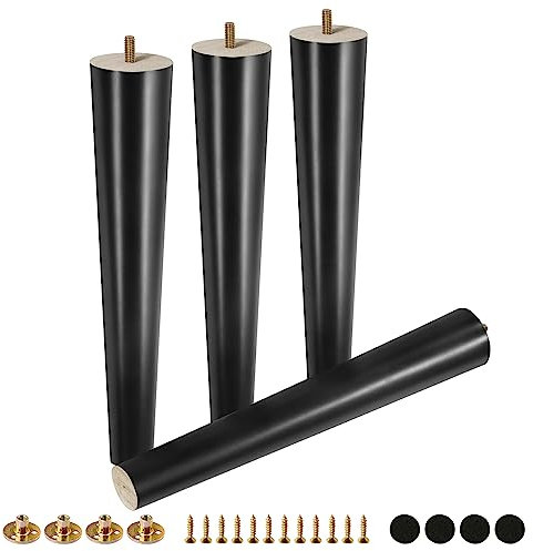 FoDau770 Schwarze Gummiholz-Möbelbeine, 40,6 cm, gerade, konische Holzfüße, Mitte des Jahrhunderts, Sofa-Beine, 4 Stück, 5/16 Zoll UNC-Möbelfüße für Schrank, Couch, Kommode, Stuhl, Ottoman-Tisch