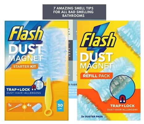 Flash Duster Dust Magnet Starter Kit (1 Handle + 4 Refills) and Flash Duster Dust Magnet Trap & Lock Refills 5 Includes Brillhouse 7 Tips for Better Smelling Bathrooms 10 Piece Set