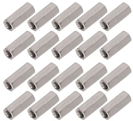 20 Stück Lange Stangenmutter M5 x 0,8 Innengewinde 8mm OD 20mm Länge Sechskant Langmuttern Gewindehülsen 304 Edelstahl Silber Verbindungsmuttern Set für Ersatz Wartung