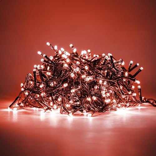 HAND - Luci Natale Interno e Esterno 200 LED con 8 Effetti Luce, Certificate, Basso Consumo e Impermeabili (Rosso, 10 metri)