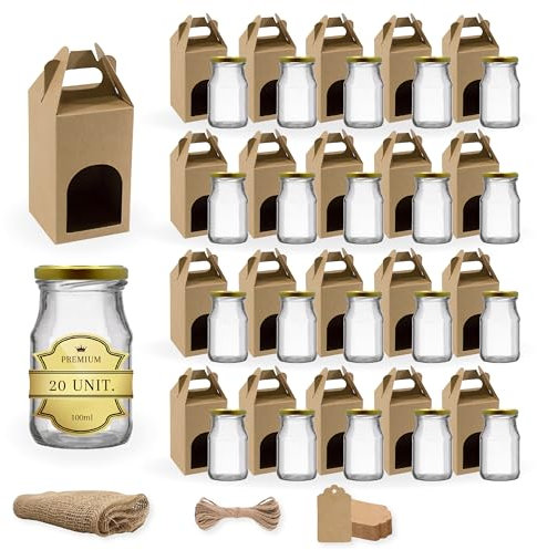 Espirito Rebelde 20 Pots de Conservation en Verre 100 ml avec Courvecle + Boîtes + Étiquettes Kraft + Tissu + Ficelle | Bocaux Alimentaire, Bocaux Sauce Tomate, Bocaux à Confiture, Bocaux pour Miel