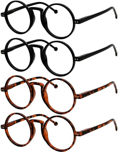 Eyekepper 4er-Pack Übergroße Rund Lesebrille (2 Schwarz und 2 Schildpatt) für Herren Damen Vintage Lesehilfe mit Federscharniere +4.00