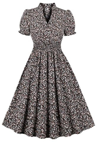 Wellwits Women's Collared V Neck Shirred Ditsy Floral Vintage Dress Black M