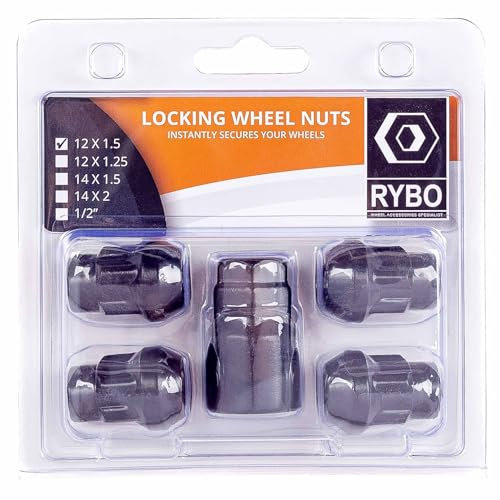RYBO Set of 4 Alloy Wheel Locking Nuts, Black (M12 x 1.5)
