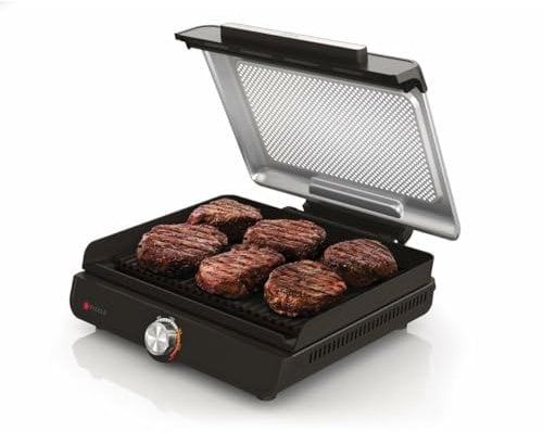 Ninja Sizzle Parrilla y plancha de interior eléctrica, dos placas intercambiables antiadherentes aptas para lavavajillla, bandeja para grasa, control de temperatura y guía de recetas, en gris, GR101EU