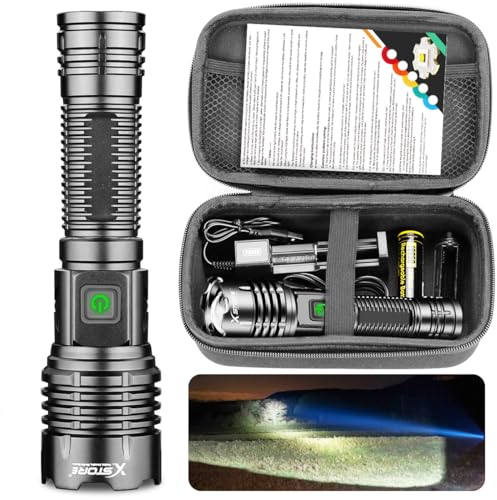 NAKCNM Rechargeable Torch, Powerful Bright Hand Torch LED Flashlight Battery Powered 20000 Lumen 5 Modes Waterproof Adjustable Focus with Case for Camping Hiking Night Walking