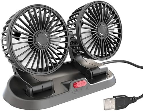 SANWAN Ventilatore per auto, regolazione a 360 gradi, 2 velocità, ricarica USB, doppia testa, ventilatore per auto, camion, SUV, camper, barca, 12 V 24 V, universale