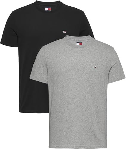 Tommy Jeans Men’s 2 Pack Extra Slim Cotton Jersey Short Sleeve T-Shirts, Multicolor (Grey HTR/Black), XL