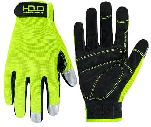 HANDLANDY Mens Work Gloves Touch Screen, Synthetic Leather Utility Gardening Gloves, Flexible Breathable Spandex Back- Padded Knuckles & Palm (Hi-vis Yellow, L)