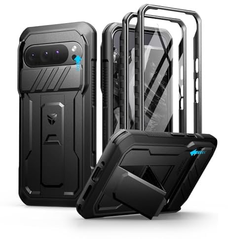 Dexnor pour Coque Google Pixel 9 Pro XL【Double Cadre Avant et Support】 avec CaméRa Coulissante Intégrée & Protecteur d'écran, Coque de Protection Robuste Résistante Aux Chocs - Noir