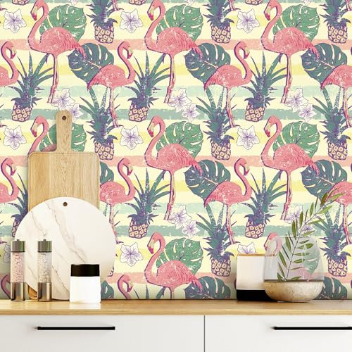 Livelynine Papier Peint Adhesif Mural Flamant Rose Feuillage Tropical Vert Papier Adhesif pour Meuble Motif Vintage Oiseaux et Fleurs Impermeable Papiers Peints Autocollants Mural Chambre 44.5CMx2M