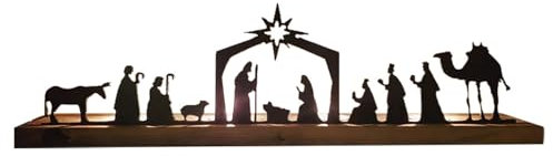 Weihnachtskrippe Krippe Sets für Weihnachten Innen Schwarz Metall Krippe Set mit Holzsockel Menschen Krippe Set Baum Krippe für Weihnachten Tischdekoration