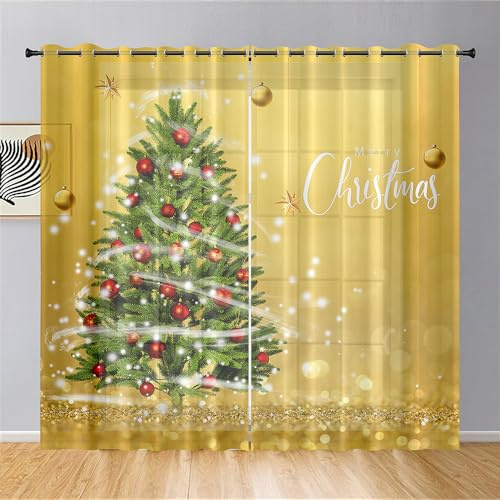 Surwin Tende per Interni 2 Pezzi, Tende Voile con Albero di Natale Motivo, Tende Semi Trasparenti con Occhielli, Natale Decorazione Tende a Vetro (140x275cm,Oro)