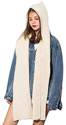 Écharpes chaudes pour femme - Cadeaux enveloppants à carreaux solides 2 en 1 - Ensemble d'écharpe à capuche en tricot chaud et épais - Ensemble d'écharpes extensibles pour vieille femme, beige, taille