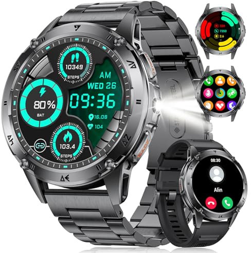 LIGE Montre Connectée Homme, 1.43'' Smartwatch Homme avec Appel Bluetooth/LED Lampe/530 mAh Batterie/110+ Modes Sportifs, 24/7 Moniteur de Fréquence Cardiaque SpO2 et Sommeil pour Android iOS, Noir