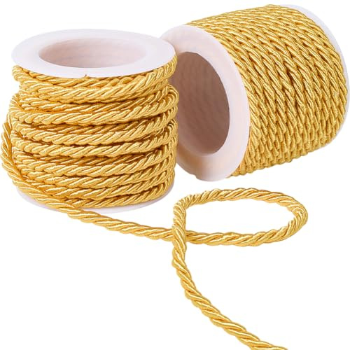 CABODYALS 2 Rolle 3mm Goldfarbenes Geflochtenes Kordelseil Geflochtene Polyesterbesatz Weihnachtsfaden Gedrehte Glänzende Gelbe Satinschnur Dekorative Geflochtene Nylonschnur Zum Nähen Basteln Heimdek