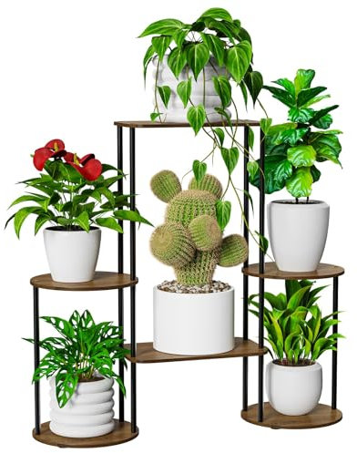 6 Niveaux Support pour Plantes, 85 cm, Étagère pour Plantes en Métal Bois, Porte Plantes D'intérieur pour Plusieurs Plantes, Support Pot de Fleur Décorer le Balcon du Jardin, Salon, Bureau, Noir Rond
