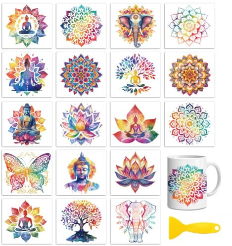 Peacoblue 18 Sheets Rub on Transfers for Crafts,18 Sheets 3.9 x 3.6 Inch Watercolor Decals Transfer Stickers Bohemian Lotus and Buddha for DIY Glass Cup