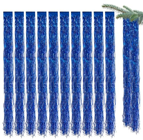 Neerow 10 Stück Lametta Vorhang Blau, 1 m x 10 cm Glitzervorhang Lametta, Party Vorhang Glänzend, Folien Fransen Hintergrund fur Weihnachten Baumschmuck Geburtstag Party Feier Deko