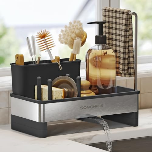 SONGMICS Kitchen Sink Caddy Tidy, Stainless Steel, with Sponge Holder | Sink Organiser for Brushes, Cloths, Soap, Space-Saving, Rotatable Spout, Ink Black and Silver, PAXTON Collection KCS555BH01