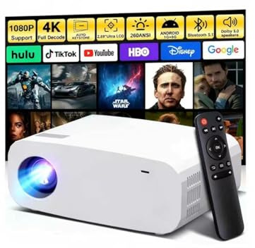 White Smart Movie Mini Projector with WiFi and Bluetooth | Built-in Apps, Auto Focus & Keystone,1080P 4K Support,Portable Small Outdoor Projector for Bedroom 32-150Screen 260 ANSI