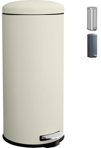 Ullege Kitchen Bin, 30L Stainless Steel Pedal Bin with Soft Close Lid, Round Rubbish Bin with Inner Bucket,Bin for Kitchen, Living Room and Office,Cream