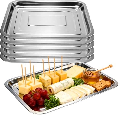 CHUENKUK 6er Set Servierplatte Groß, 36 x 27 x 2cm Silber Edelstahl Teller Rechteckig, Edelstahl Tablett für Buffets, Sushi, Kuchen