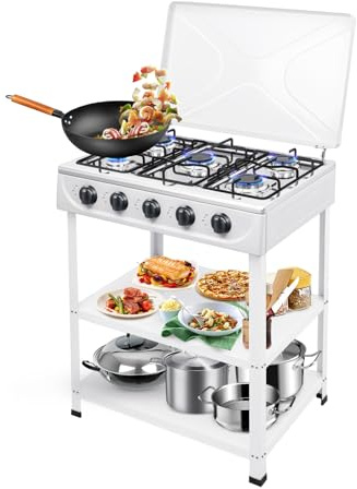 whsiodj 5 Flammen Gaskocher,2.5KW Tragbarer Gaskocher,Gasherd Campingkocher,Gasherd für Propan- und Erdgas pro Brenner Robust Gusseisen mit Abdeckung