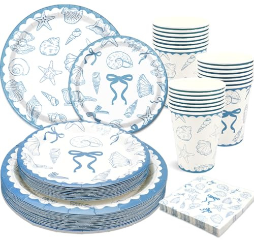 100 Pcs Seashell Birthday Party Decorations, Coastal Birthday Decorations Includes Plates Napkins Cups for Blue Bow Seashell Coastal Birthday Decor Serves 25