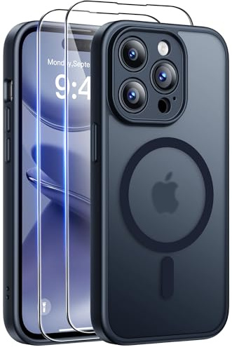 FLLAO for iPhone 14 Pro Max Case, Magnetic Bumper Case with 2X HD Screen Protector, Full Camera Protection, Military-Grade Shockproof, Slim Translucent Matte Cover, Black