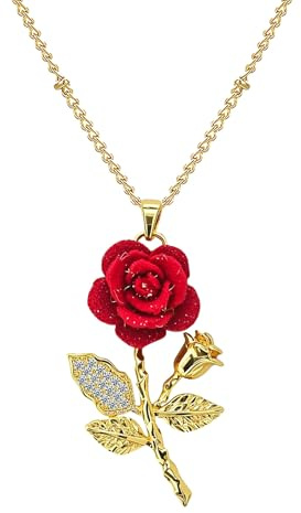 OIDEA Collier Femme Pendentif Rose Rouge : Collier Fleur avec Zircon Romantique en Cuivre Doré Fantaisie - Cadeau Saint-Valentin Anniversaire