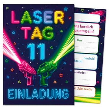 JuNa-Experten 8 Einladungskarten 11. Kindergeburtstag Lasertag Mädchen Junge Kinder Einladung elfte Geburtstag Laser Tag Geburtstagseinladungen Jungsgeburtstag Mädchengeburtstag Laser-Tag