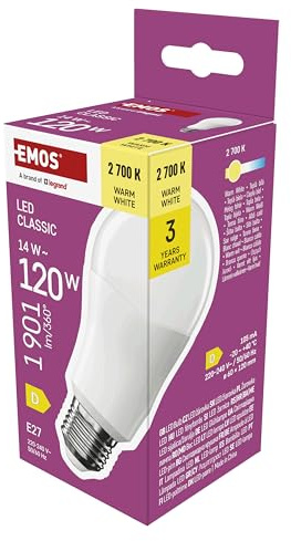 EMOS - LED Lampe A60-Birne, 14W Ersatz für 120W Glühbirne - klassiche Birne mit E27 Sockel, Helligkeit 1901 lm, Warmweiß 2700 K - 30000 h Lebensdauer, CRI min. 80, 180° Abstrahlwinkel