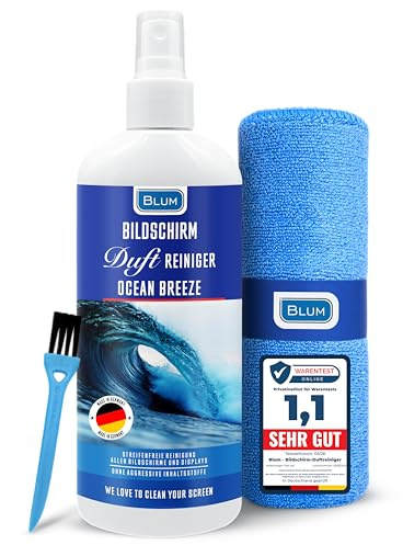 Blum 250ml Detergente PROFUMATO per schermi OCEAN BREEZE + panno microfibra 30x30cm – Pulitore schermo TV, laptop, notebook, PC, monitor, smartphone – Pulizia senza aloni per pulire,pulisci