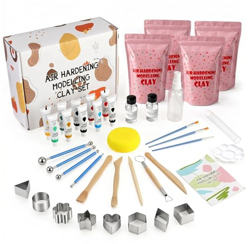 JOVVI Töpferset Lufttrocknender Ton 2 KG für Anfänger, 41-teiliges DIY Set mit Air Dry Clay, Farben und weiterem Zubehör, Töpfer-Set Perfekt Kreativ Set für Erwachsene