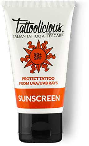 Tattoolicious SUNSCREEN 50+ SPF - La Protection solaire pour tatouage, avec une formule anti-âge et des ingrédients actifs biologiques, 75 ml