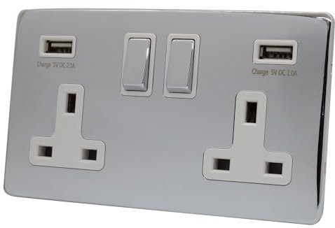 Discount Electrix USB 2 Gang Plug Socket Polished Chrome Screwless Flat Plate Design with White Insert