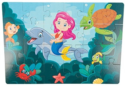 Puzzle Meerjungfrau aus Holz, mit 24 Teilen - Holzpuzzle, Legepuzzle, Steckpuzzle mit Einer Meerjungfrau und verschiedenen Wasser-Tieren, für Kinder ab 3 Jahren