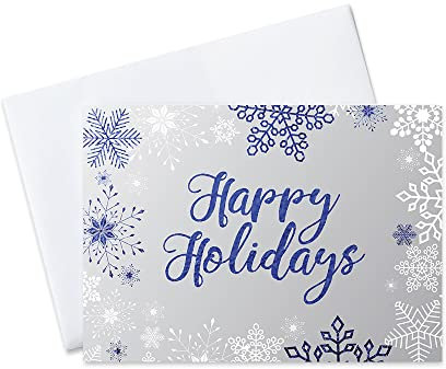 Urlaub Folie bedruckt Grußkarten – H1709. Grußkarte akzentuierten von Blue Schneeflocken und HAPPY HOLIDAYS in blau Folie. Box Set Hat 25 Grußkarten und 26 silber Folie gefüttert Umschläge.
