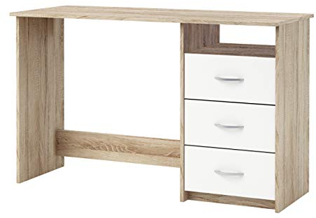Miroytengo Mesa Escritorio Reversible 3 Cajones, Mesa Ordenador Juvenil, Roble y Blanco 123 cm