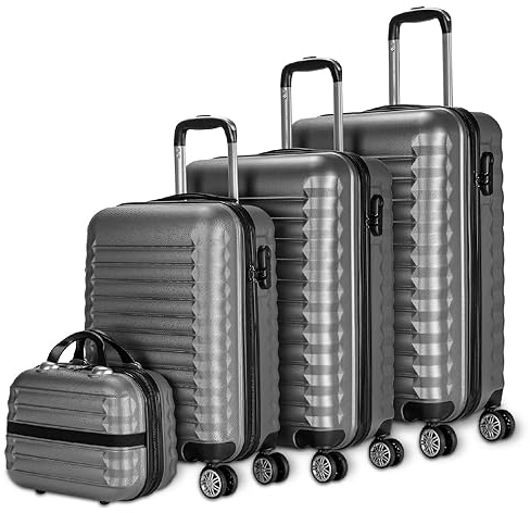 NEWTECK NUMADA - Lot de 4 Valises (53/63/75cm) et Trousse de Toilette Mod Grise, ABS, Rigide, Résistant, 4 Doubles Roues, Léger, Serrure à Combinaison latérale
