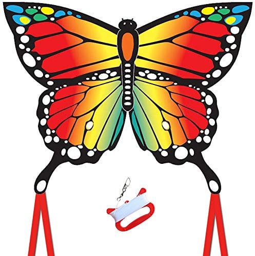 Butterfly Kite for Kids and Audlts, 120x95cm with Long Tails,beginner kite for children,Easy to Assemble and Fly, Easy-grip Handle with 200’ String and Swivel,. Awesome Beach and Outdoor Toys