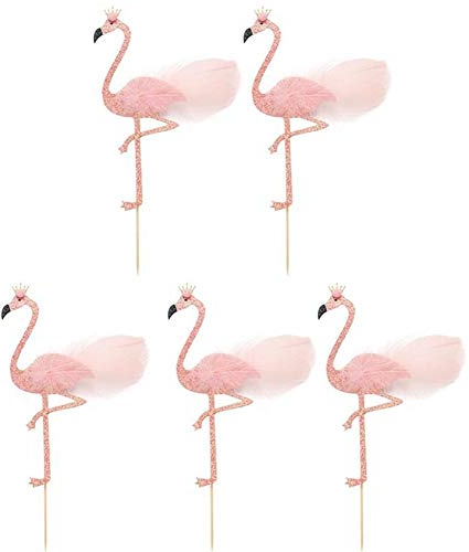 DUO ER 5pcs Toppers glänzende Frucht-Nachtisch-Feder-Flamingo-Kuchen-Dekor for Partei-Festival-Versammlung